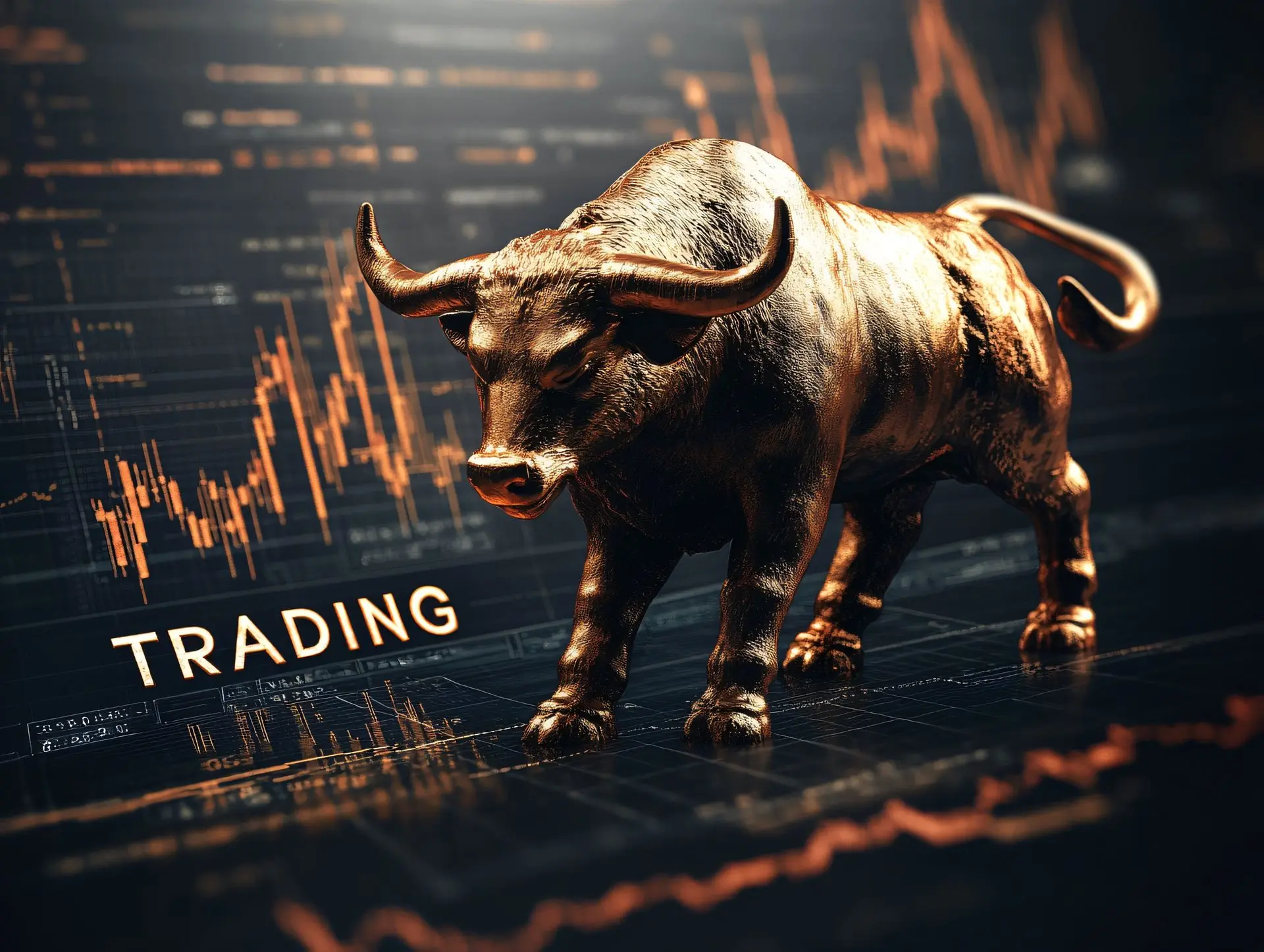 Toro dorado con elementos gráficos relacionados con el sector financiero