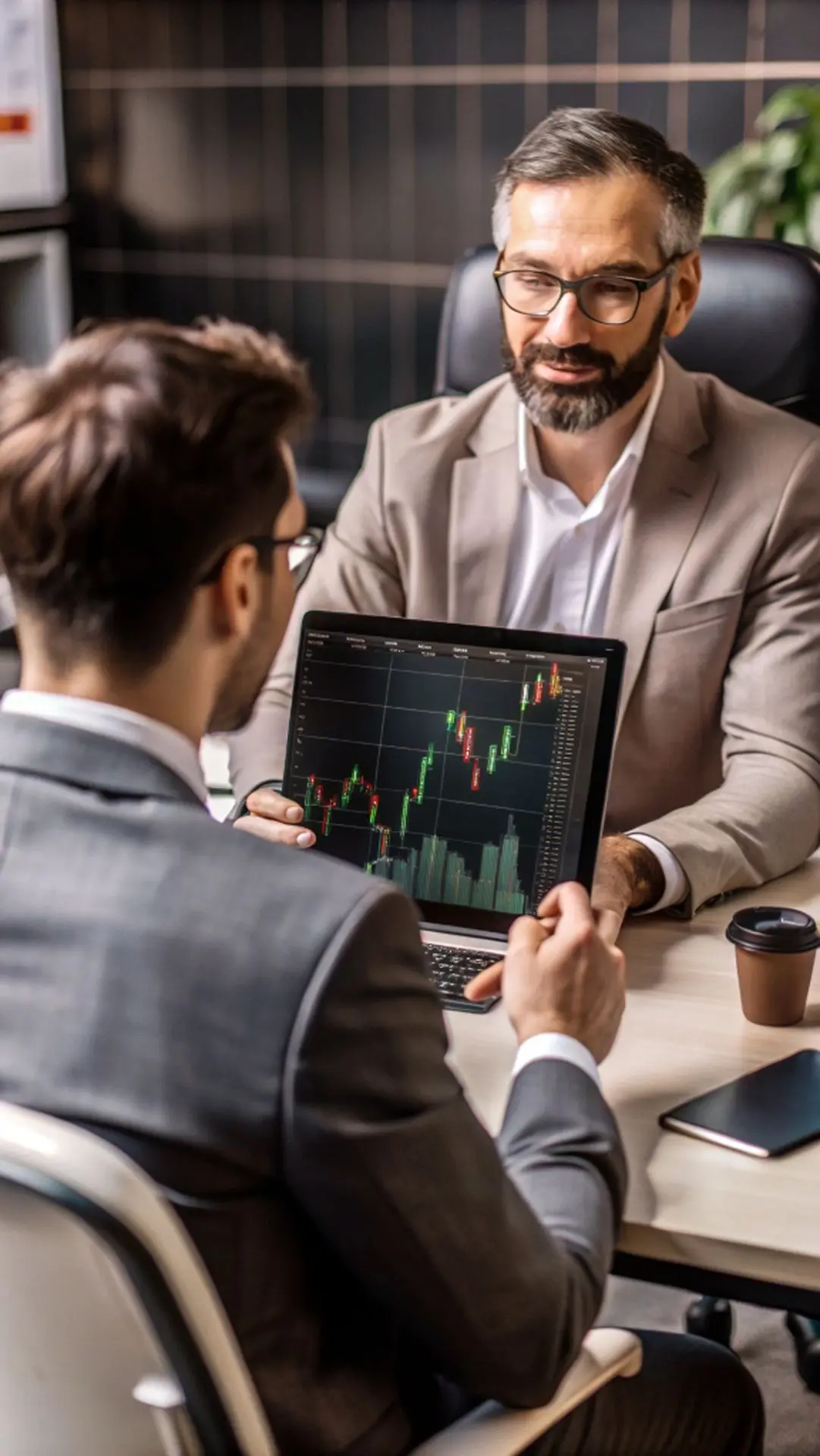 Empresarios analizando datos financieros en su computadora portátil