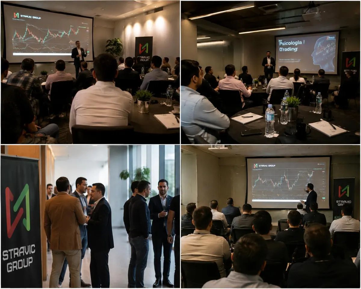 Cuatro momentos de las charlas de Stravic Group: análisis de mercado, psicología del trading, networking y auditorio