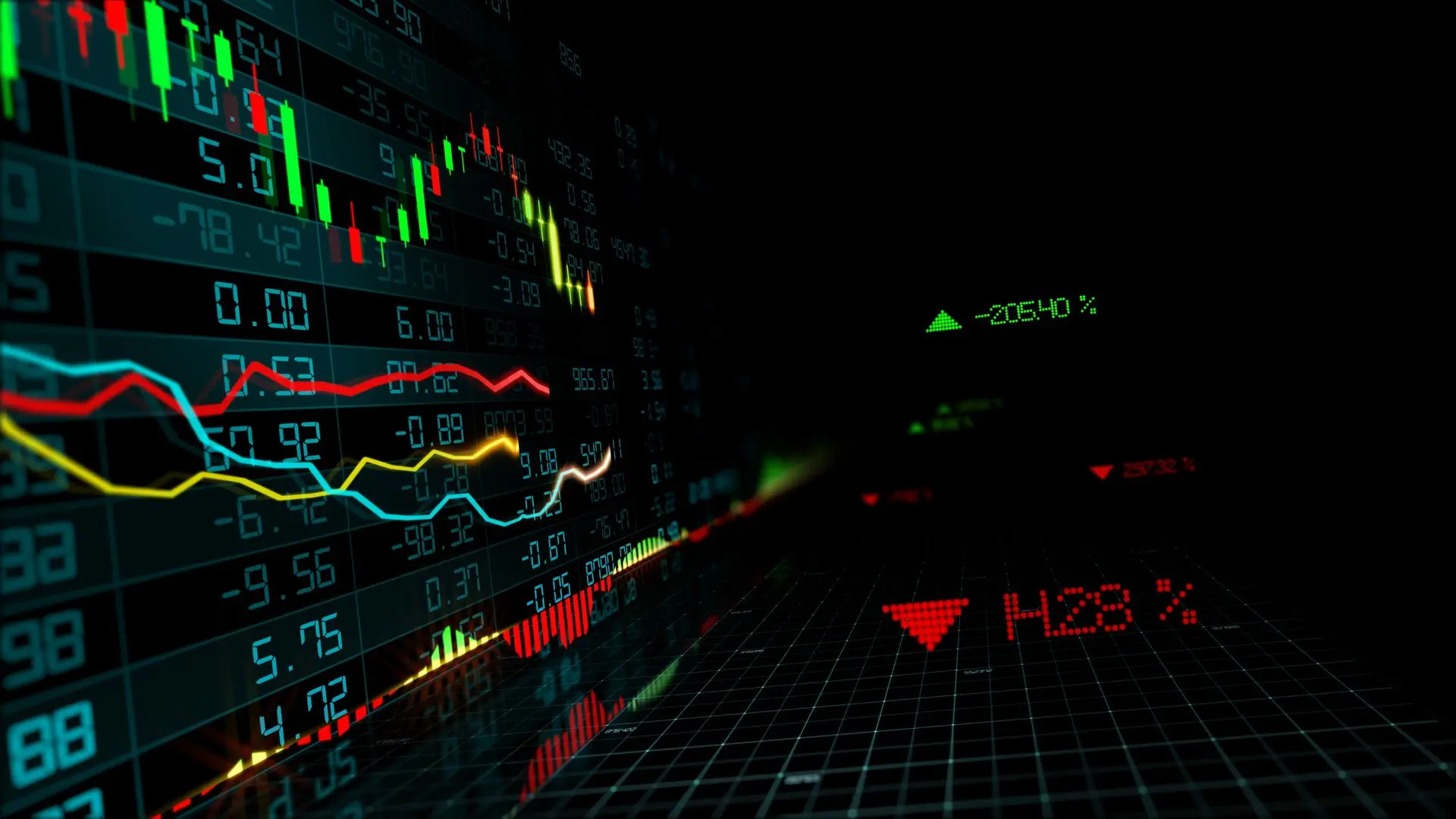 Render 3D de índices bursátiles en un espacio virtual que refleja crecimiento y recesión económica