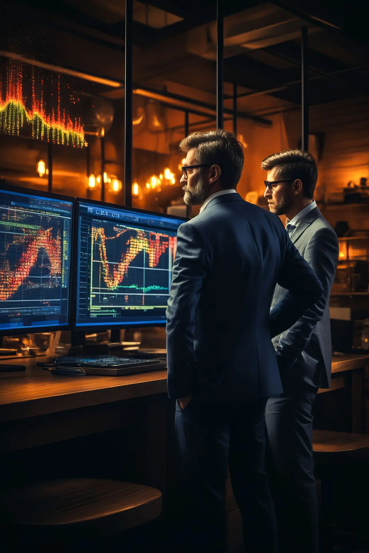 Dos hombres en trajes mirando la pantalla de la computadora con gráficos