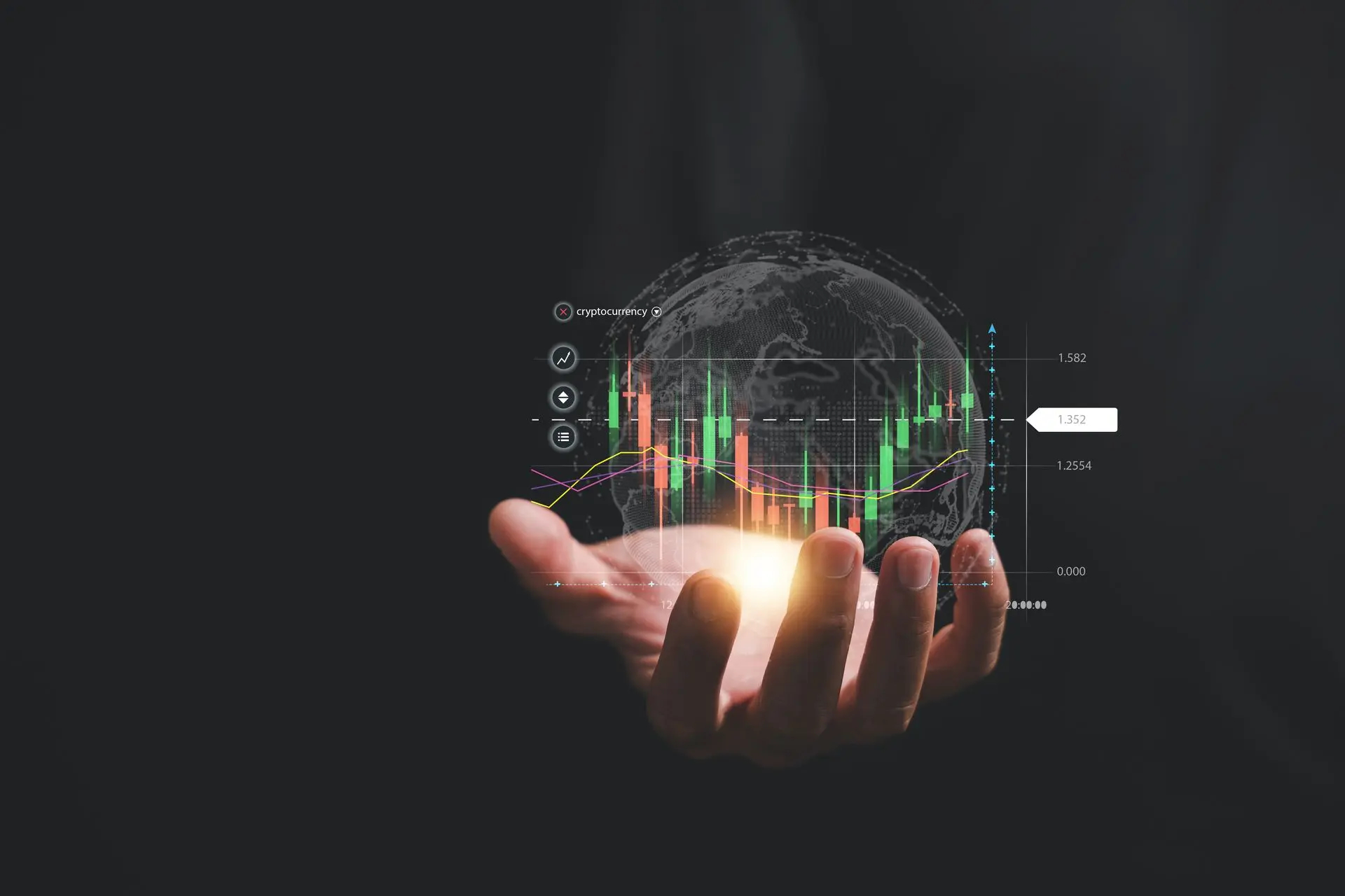 Empresario revela un holograma de un gráfico de acciones en crecimiento en su palma