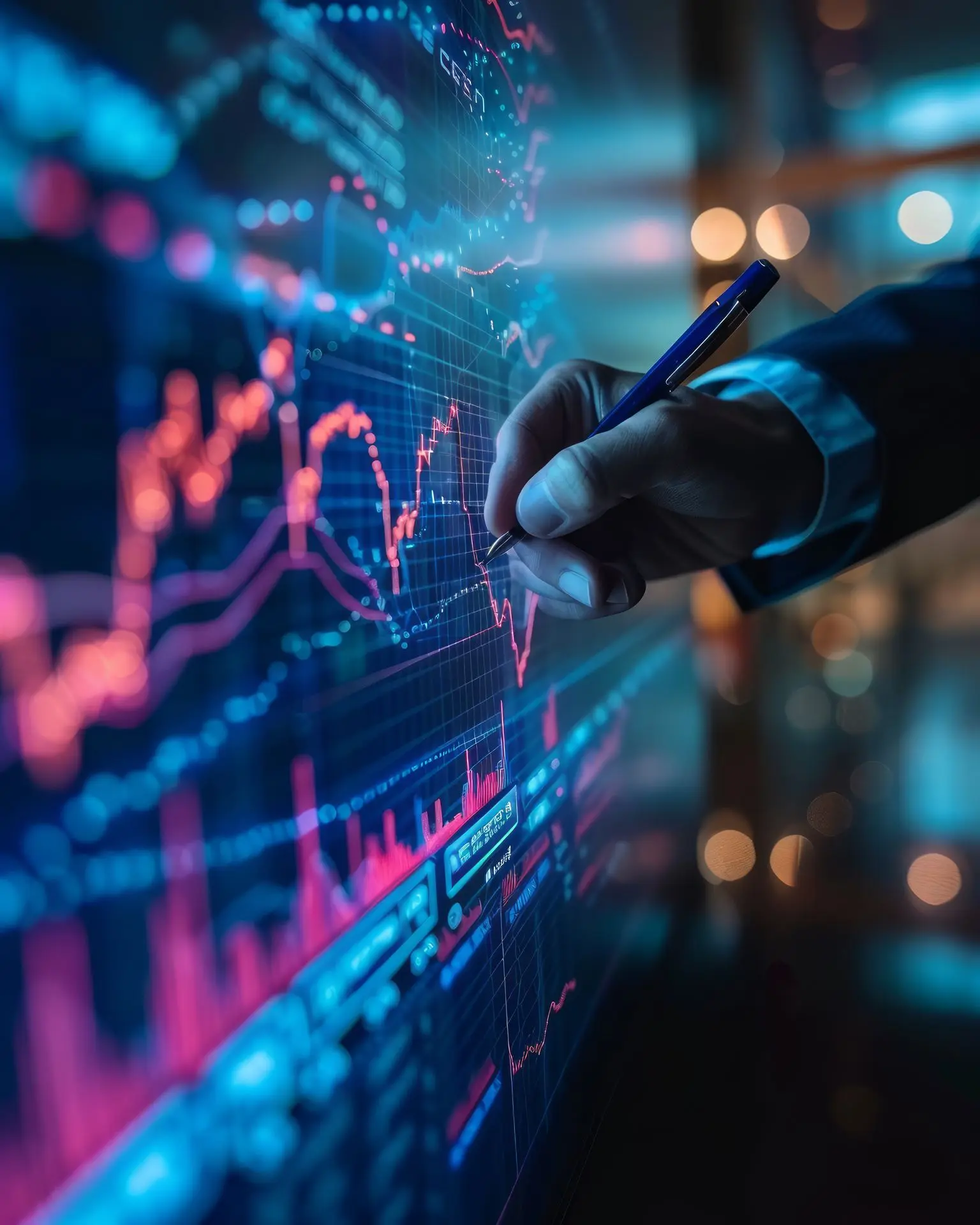 Análisis de tendencias de datos financieros escritos a mano sobre una pantalla transparente