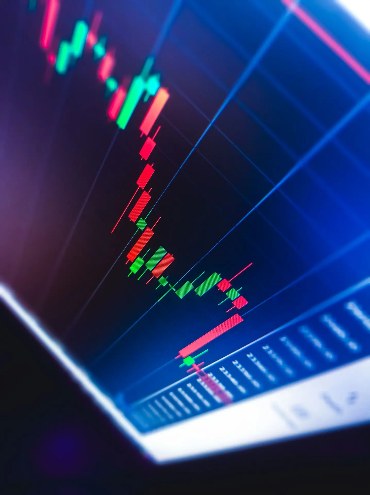 Gráfico financiero con velas japonesas sobre el monitor de la bolsa de valores