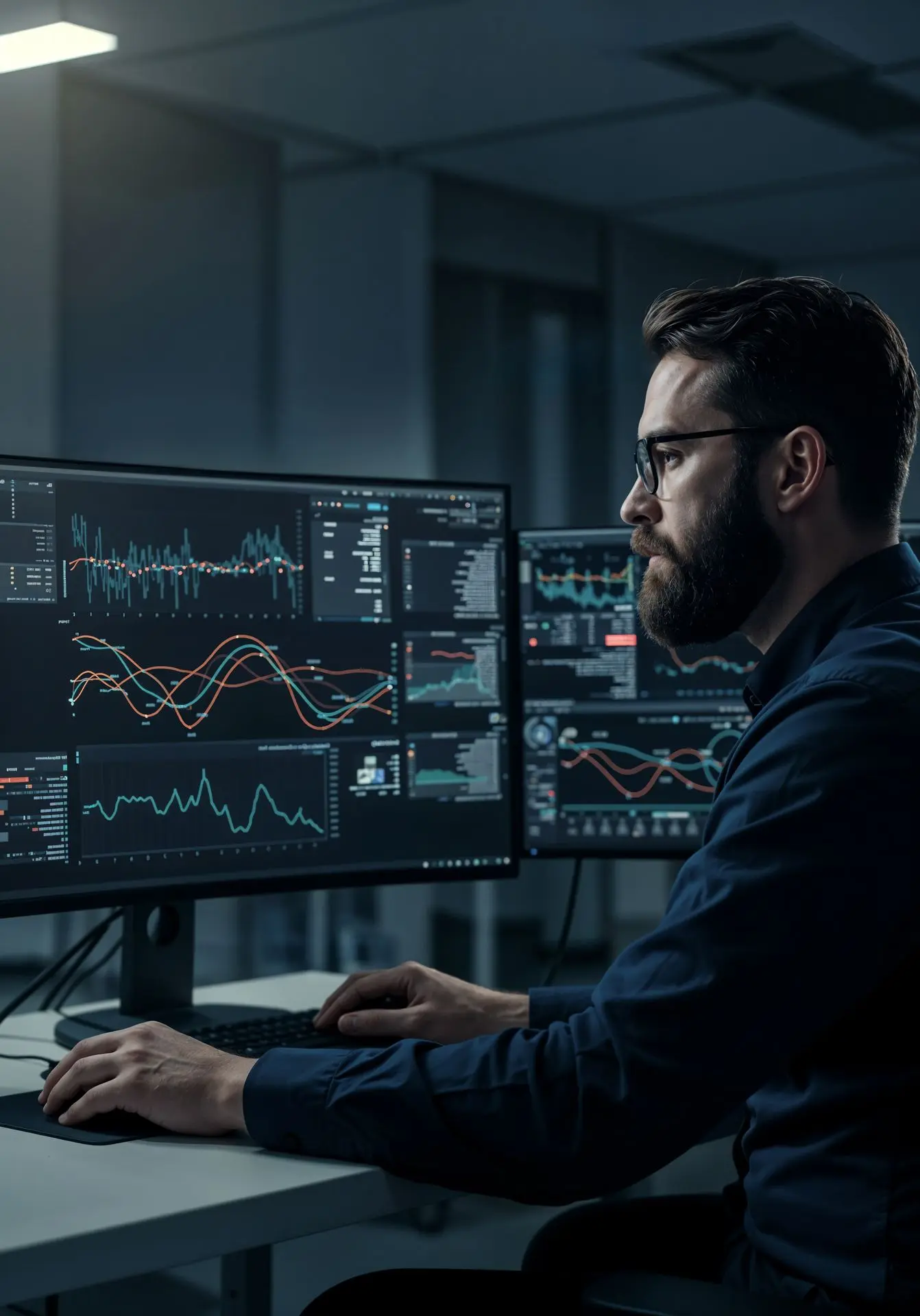 Analista financiero trabajando con datos en múltiples pantallas