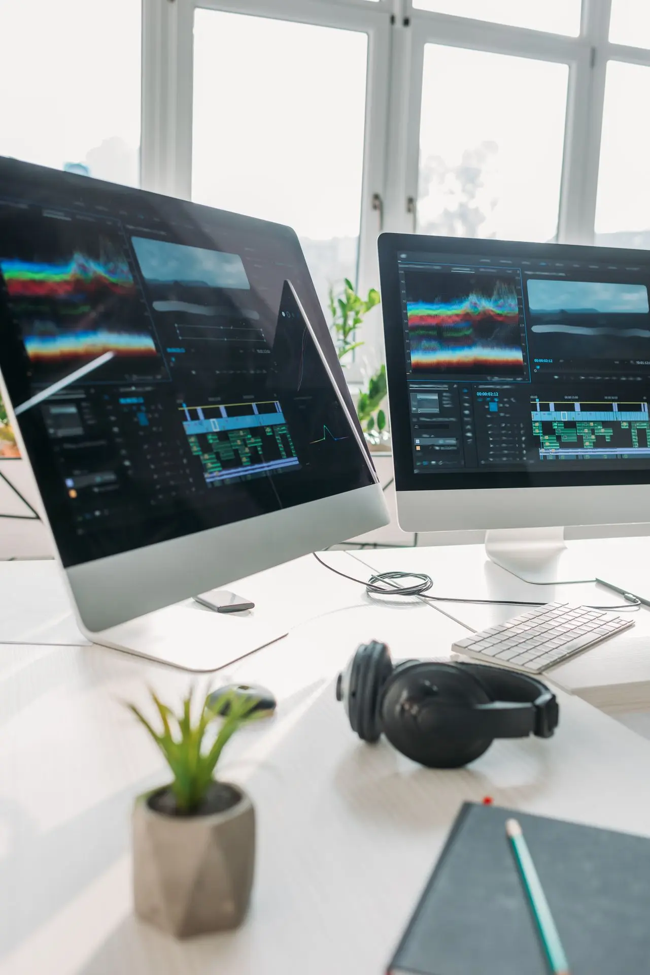 Monitores de computadora junto a audífonos en un escritorio de trading